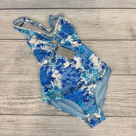 Sea Level Swim Women's Blue Floral Key Hole Halter One Piece Swimsuit Size 6 - Picture 1 of 9